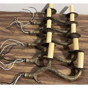 Vintage Ornate Brass Lamp Light Arm w Bobeche Chandelier 10" Part Lot of 5